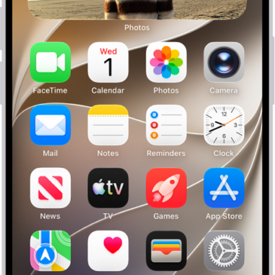 The iPhone Home Screen showing a FaceTime video call notification from an iPad at the top. Tap the Switch button to the right of the notification to move the call to your iPhone