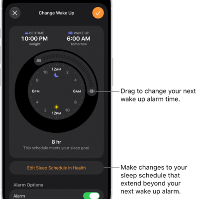 A screen for changing the next wake up alarm. The position of the ringing alarm button sets the time of the alarm.