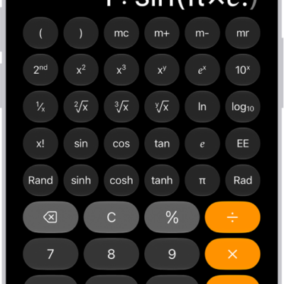 iPhone showing the scientific calculator with memory, exponential, logarithmic, and trigonometric functions.