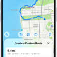 A custom route in the Maps app, with distance, elevation profile, estimated time, and options to save or get directions to the start of the route.