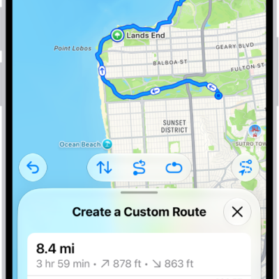 A custom route in the Maps app, with distance, elevation profile, estimated time, and options to save or get directions to the start of the route.