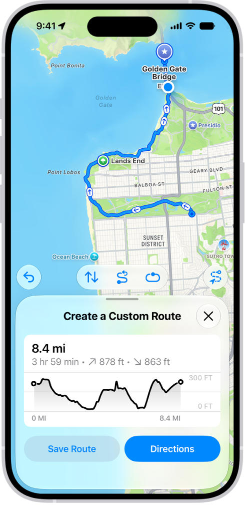 A custom route in the Maps app, with distance, elevation profile, estimated time, and options to save or get directions to the start of the route.
