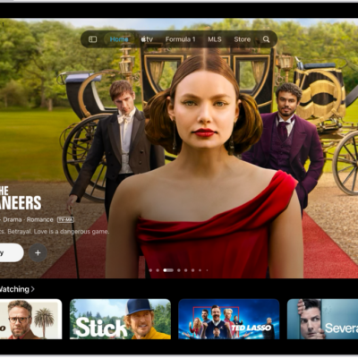 The Home tab showing a featured Apple Original in the center, above the Continue Watching row. At the top of the screen, from left to right, are the Home, Apple TV, MLS, Store, Recent Purchases, and Search tabs.