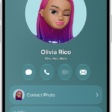 A contact named Olivia Rico with She, Her, and Hers pronouns below the contact photo. Below her name are buttons to send a message, call, mail, and use Apple Pay. At the bottom of the screen are the contact's mobile number and email address.