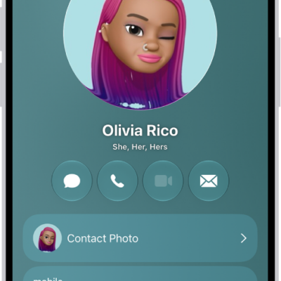 A contact named Olivia Rico with She, Her, and Hers pronouns below the contact photo. Below her name are buttons to send a message, call, mail, and use Apple Pay. At the bottom of the screen are the contact's mobile number and email address.