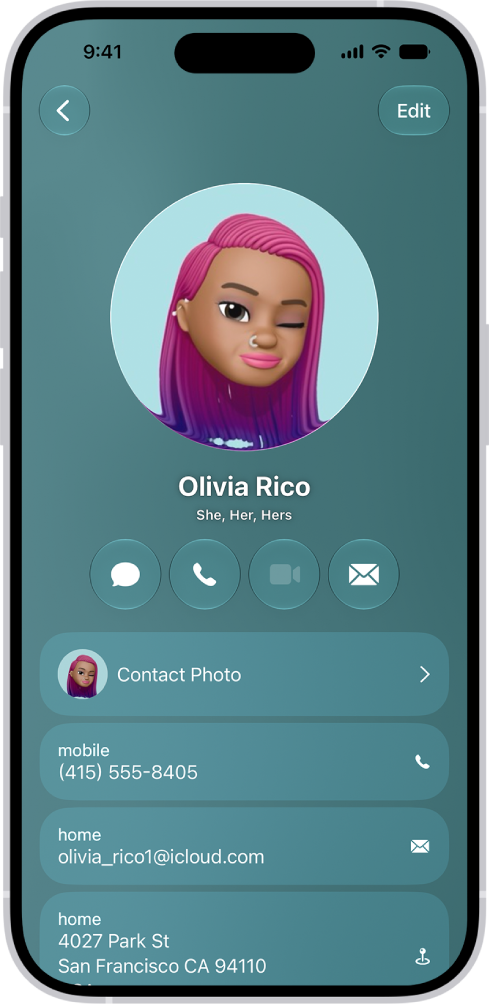 A contact named Olivia Rico with She, Her, and Hers pronouns below the contact photo. Below her name are buttons to send a message, call, mail, and use Apple Pay. At the bottom of the screen are the contact’s mobile number and email address.