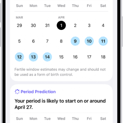 The Cycle Tracking highlights screen in Health showing calendars for fertile window estimates and period predictions.