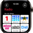 The Radio screen showing three Apple Music stations. The Now Playing button is at the top right. The Back button is at the top left.