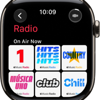 The Radio screen showing three Apple Music stations. The Now Playing button is at the top right. The Back button is at the top left.