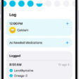 The Medications screen in Health showing the date and a log for medications.