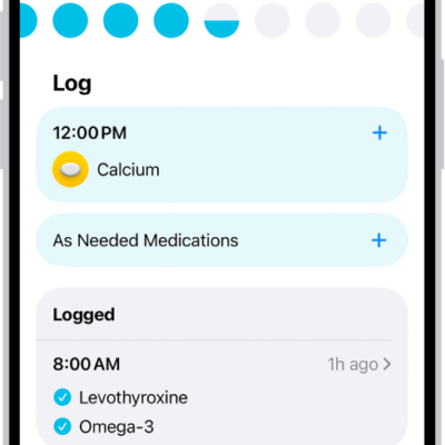 The Medications screen in Health showing the date and a log for medications.