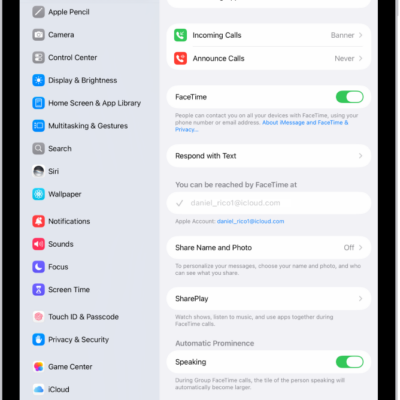 The FaceTime Settings screen, showing the control to turn FaceTime on or off and the phone number and email address where you can be reached.