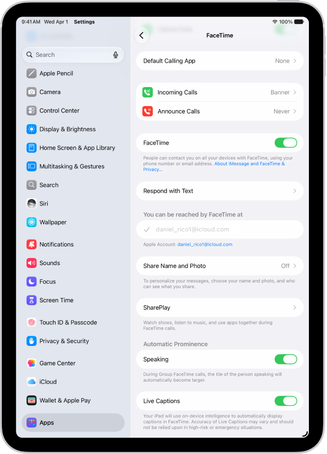 The FaceTime Settings screen, showing the control to turn FaceTime on or off and the phone number and email address where you can be reached.