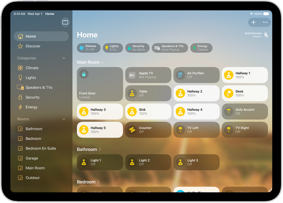 A screenshot of the Home app showing different devices that can be controlled.