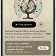 A show page in the Podcasts app showing an episode list. At the top of the screen are the Back, Follow, and More buttons. Toward the bottom of the screen is the MiniPlayer. Below that are the Home, New, Library, and Search buttons.