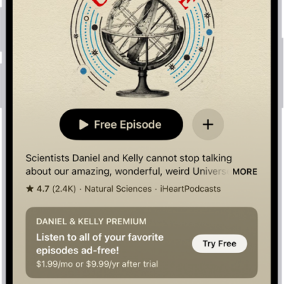 A show page in the Podcasts app showing an episode list. At the top of the screen are the Back, Follow, and More buttons. Toward the bottom of the screen is the MiniPlayer. Below that are the Home, New, Library, and Search buttons.