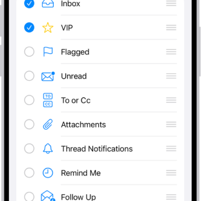 The Mailboxes edit screen. Optional Mailboxes are listed from top to bottom with a checkbox to the left of each option. At the bottom-right corner of the screen is a button labeled New Mailbox.