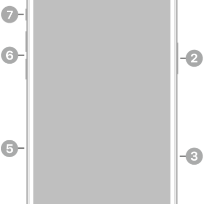 The front view of iPhone 16 Plus. The front camera is at the top center. The side button and the Camera Control are on the right side. The USB-C connector is on the bottom. On the left side, from bottom to top, are the SIM tray, the volume buttons, and the Action button.