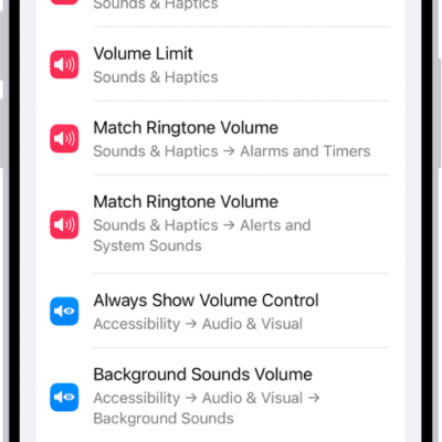 A search term has been entered in the search field at the bottom of the Settings screen. Results appear above the search field.