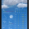 The Weather screen, showing the location, current temperature, the high and low temperatures for the day, hourly forecast, and 10-day forecast on the left side of the screen and a precipitation map and air quality scale on the right side of the screen.