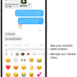 Stickers appear below a conversation. Each button across the top of the card opens a sticker pack.