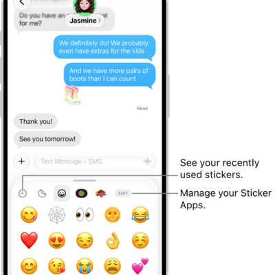 Stickers appear below a conversation. Each button across the top of the card opens a sticker pack.