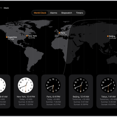 The World Clock tab, showing the time in various cities. The Edit button near the upper-left corner lets you reorder or delete clocks. The Add button near the upper-right corner lets you add more clocks. World Clock, Alarm, Stopwatch, and Timers buttons are along the bottom.