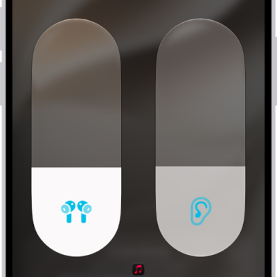 The volume screen in Control Center showing the volume level for AirPods Pro. Below the volume indicator on the left are the different listening modes—Transparency, Adaptive, and Noise Cancellation. Adaptive Audio is selected.