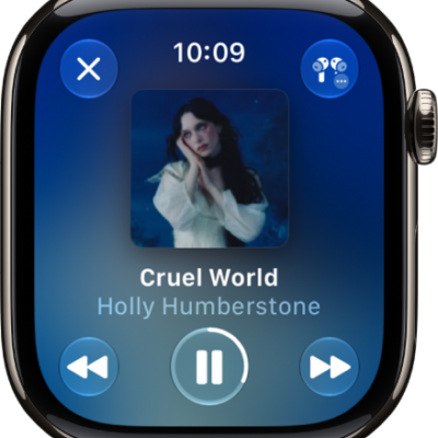The Now Playing screen in the Music app. Album art is in the middle, the song title and artist are below. At the bottom of the screen are the Previous, Play/Pause, and Next buttons. The More Options button is at the top right. The Back button is at the top left.