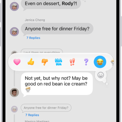 A Messages conversation with Tapbacks attributions visible near the top of the screen, and the Tapbacks menu visible above a message.