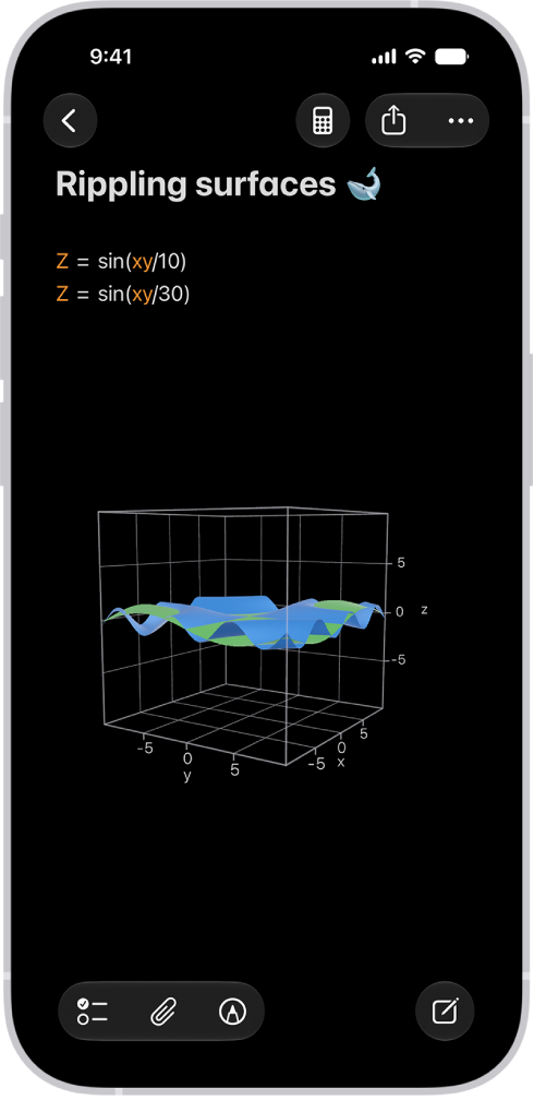 Math Notes in Calculator on iPhone showing two intersecting 3D graphs in the same space.