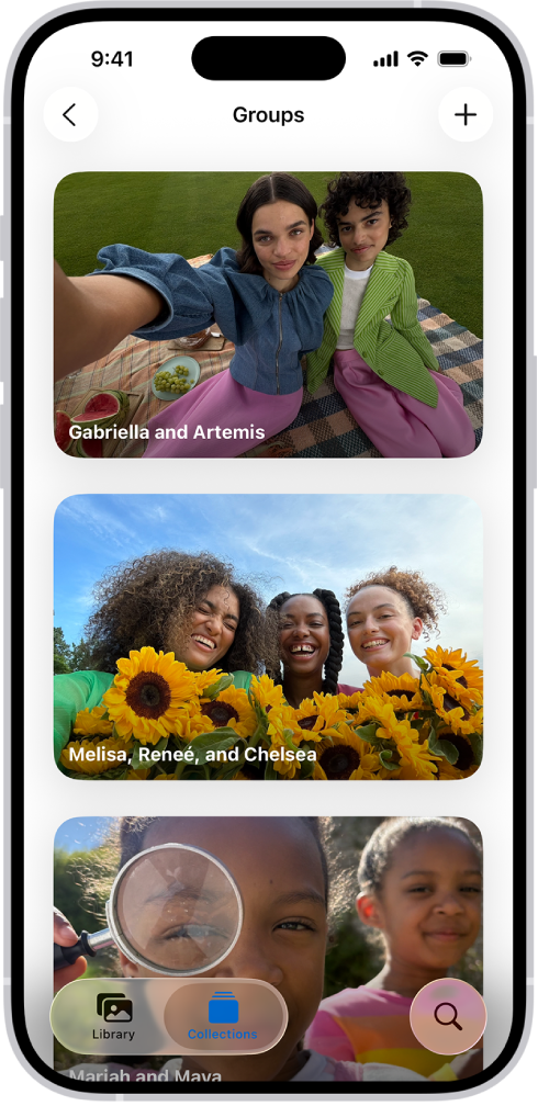 Groups is open in the People & Pets section of the Photos app, showing a list of collections labeled with the names of the people included in the group.