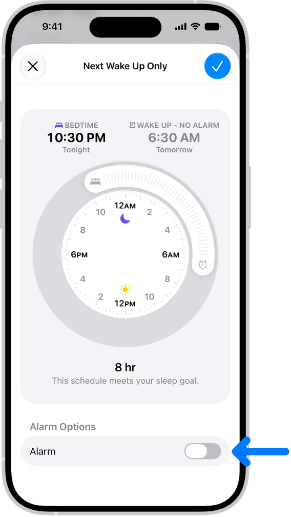 The Next Wake Up Only screen in Health with Alarm turned off at the bottom.