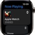 The Now Playing screen showing media on Apple Watch and on iPhone.