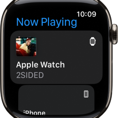 The Now Playing screen showing media on Apple Watch and on iPhone.