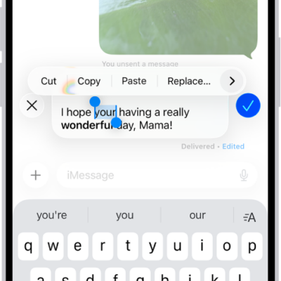 A conversation in Messages showing the last message being edited. The rest of the conversation is lighter, except for the specific text message that's being edited. The conversation shows that a previous message was unsent, and this message was edited before this current edit.