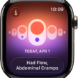 A screen in the Cycle Tracking app showing a logged period with logged symptoms at the bottom of the screen.