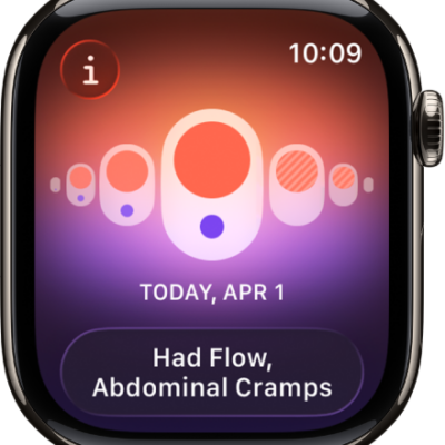 A screen in the Cycle Tracking app showing a logged period with logged symptoms at the bottom of the screen.