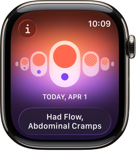 A screen in the Cycle Tracking app showing a logged period with logged symptoms at the bottom of the screen.