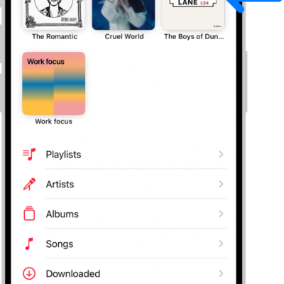 The Library tab with an arrow pointing out pinned items, such as an album and a playlist, at the top.