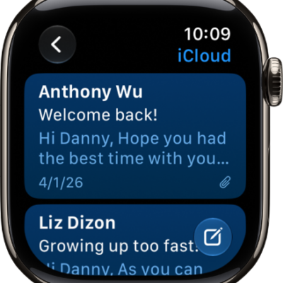 An inbox in the Mail app showing two emails. The back button is at the top-left and the compose button is at the bottom-right.