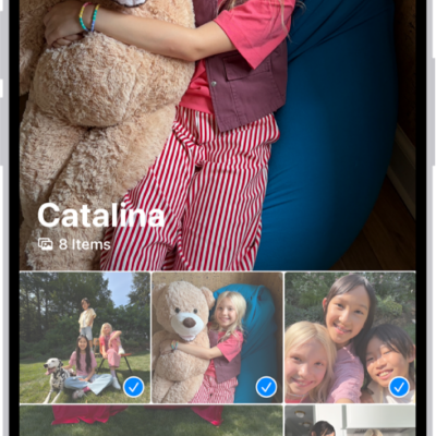 On iPhone, a collection is open in the Photos app, and all of the photos are selected.