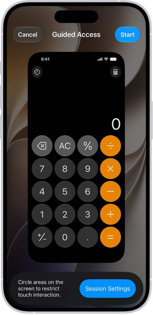 An iPhone screen showing Guided Access being set up. iPhone is being temporarily locked to just the Calculator app, and one of the buttons in the app has been disabled.