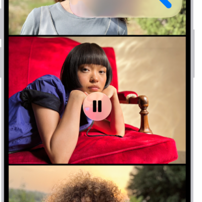A slideshow in the Photos app plays on the iPhone. At the top right of the screen is a pop-up menu, with an option to choose AirPlay.