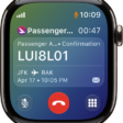 The call screen showing the confirmation number for a ticket and flight information.