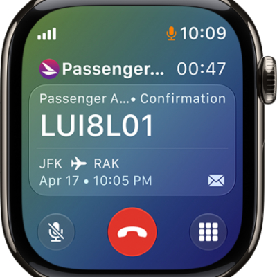 The call screen showing the confirmation number for a ticket and flight information.