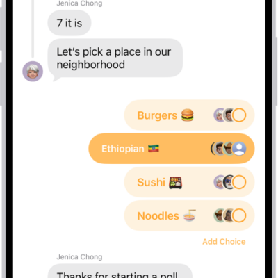 In a Messages conversation, a poll shows options and vote tallies in horizontal bars and.