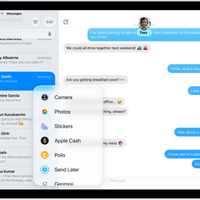 The Add menu in Messages on iPad, listing several iMessage features: scheduled send, audio messaging, the App Store, GIF images, Digital Touch, location sharing, and music.