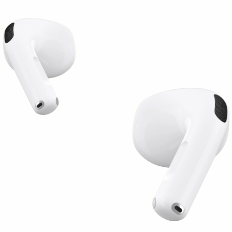 AirPods 4 are shown. One of the AirPods is being pinched on the stem.