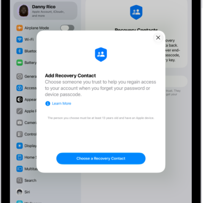 The Account Recovery Contact screen with information about the feature. The Add Recovery Contact button is at the bottom